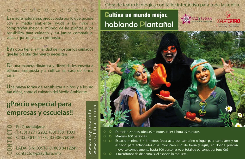 Original flyer for Cultiva un mundo mejor, hablando Plantañol, featuring the theatre cast