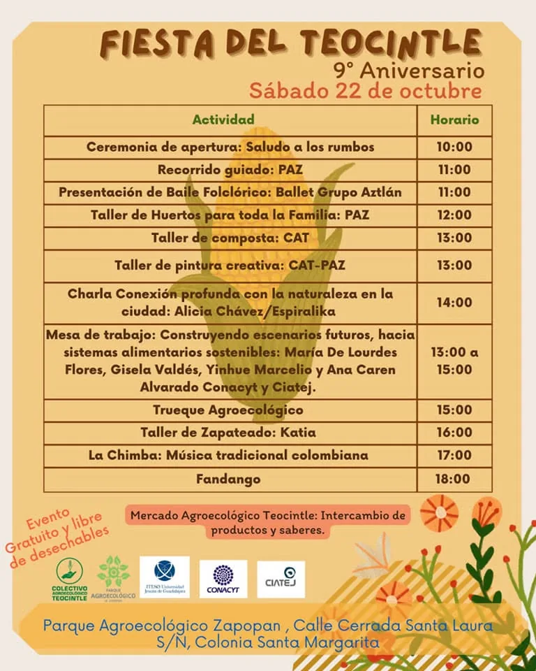 Teocintle ninth anniversary programme naming Alicia Chávez / Espiralika as the speaker for Conexión profunda con la naturaleza en la ciudad